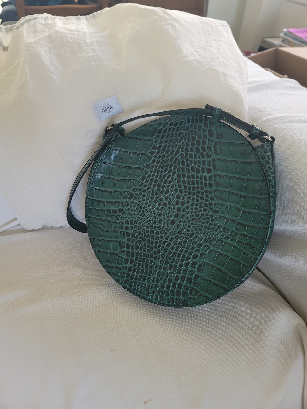 PRUNE, DARK Green LEATHER Croc-Texture Round Crossbody Bag. New With Bag.